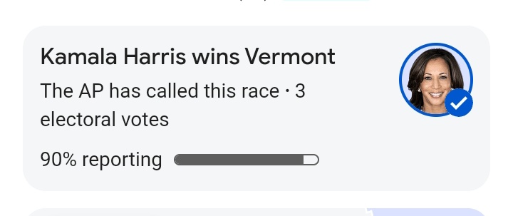 Animo_Troll's tweet photo. Kamala Harris wins Vermont...
3 Electoral Votes⬆️

#USAElection2024 #USAElections2024 #USA2024 #Trump2024 #PresidentialElection2024 #Harris #Pennsylvania #electionday2024 #electionday2024 #Election2024 https://t.co/q17zBuhWCo