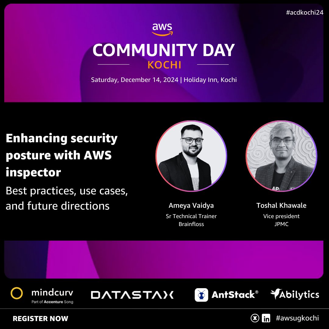 awsugkochi (@awsugkochi) on Twitter photo Speaker announcement for #acdkochi24
Enhancing Security Posture with AWS Inspector by Ameya Vaidya and <a href="/toshalk/">Toshal Khawale</a> .
Dive into best practices, real-world use cases, CI/CD integration, advanced features, and future trends in AWS security!
#acdkochi24 #awsugkochi Speaker announcement for #acdkochi24
Enhancing Security Posture with AWS Inspector by Ameya Vaidya and <a href="/toshalk/">Toshal Khawale</a> .
Dive into best practices, real-world use cases, CI/CD integration, advanced features, and future trends in AWS security!
#acdkochi24 #awsugkochi