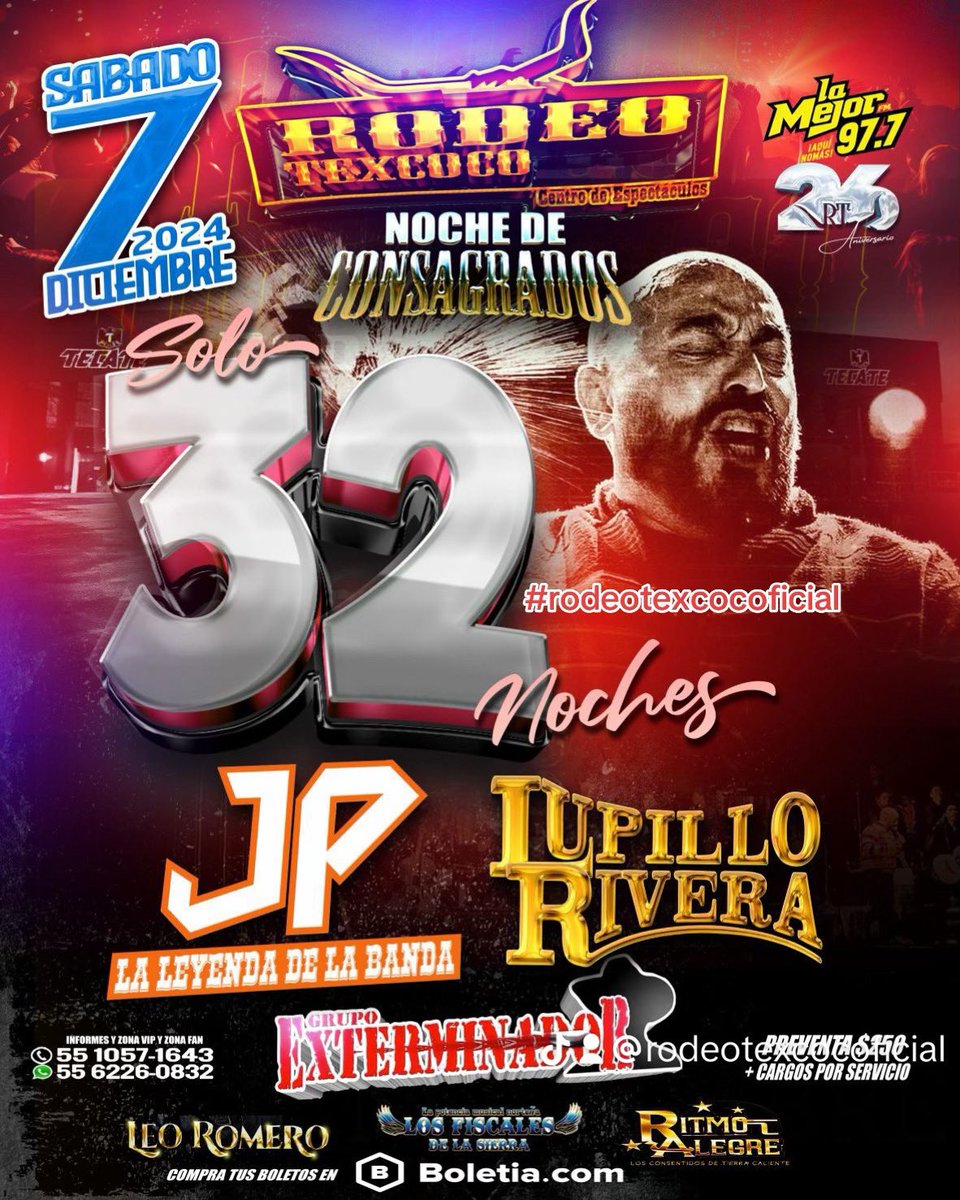 El sentimiento del Toro del corrido es único 
<a href="/lupilloeltoro/">LUPILLO RIVERA</a> regresa a SU CASA , #rodeotexcoco 
Sábado 07 de Diciembre 2024. Acceso 9pm

Además la LEYENDA DE LA BANDA “JULIO PRECIADO” y LOS MÁS PERRONES “GRUPO EXTERMINADOR” 

⬇️BOLETOS⬇️
…preciado-en-rodeo-texcoco.boletia.com