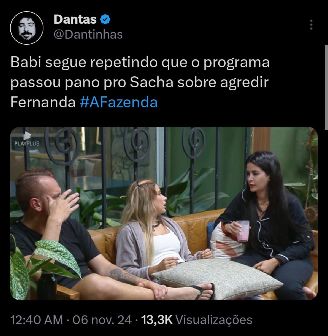 JOOTUITA's tweet photo. Nunca vi um elenco tão desrespeitoso com a produção assim. A Babi está dizendo que a produção mentiu, já foi desmascarada 2x e continua repetindo e não fazem nada. Isso é além do jogo. Ela deveria ter uma punição. @afazendarecord  @recordtvoficial  @GalisteuOficial https://t.co/3zNsoe9Zt0
