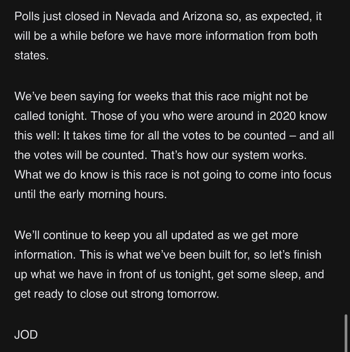 🚨HARRIS CAMPAIGN MEMO🚨 

Get some sleep. We need to wait until 3:00AM to determine who won.

Yes. This is real.