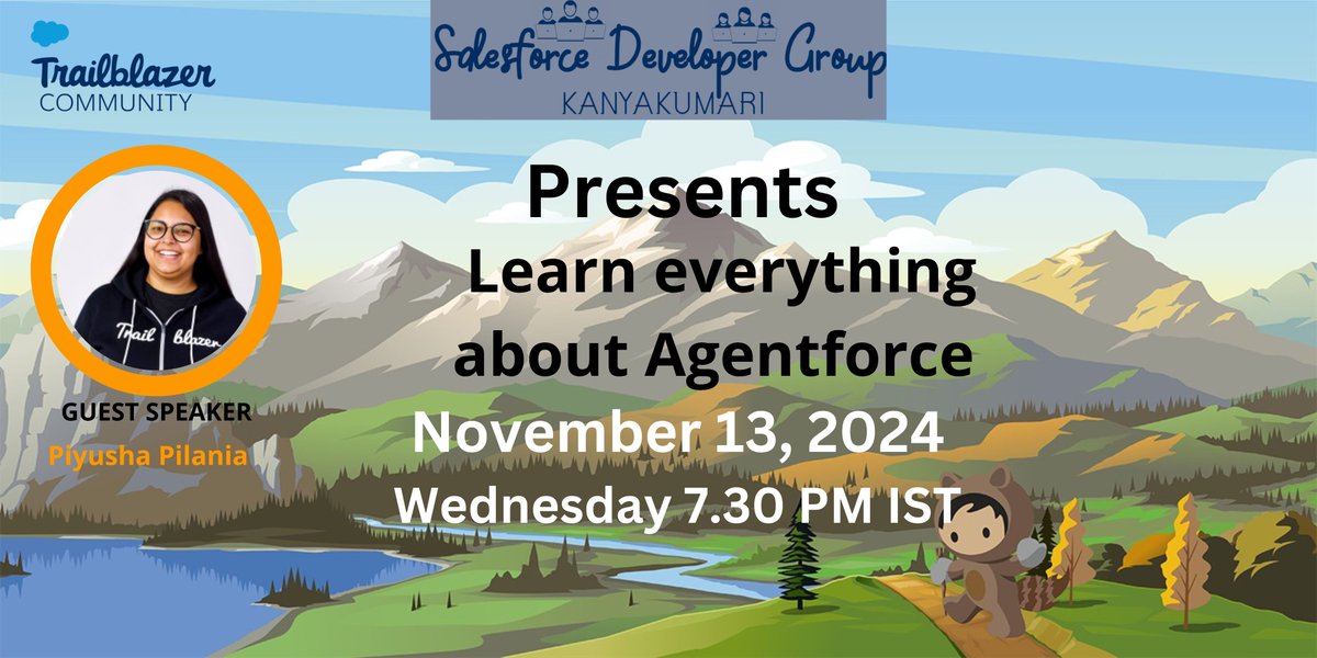 Hi Everyone. I am Calling for Salesforce Trailblazers to join us for the Learn everything about Agentforce  November 13 at 7.30 PM  (IST). To join the session Please register by using this link: trailblazercommunitygroups.com/events/details…
#TrailblazerCommunity 
#Salesforce