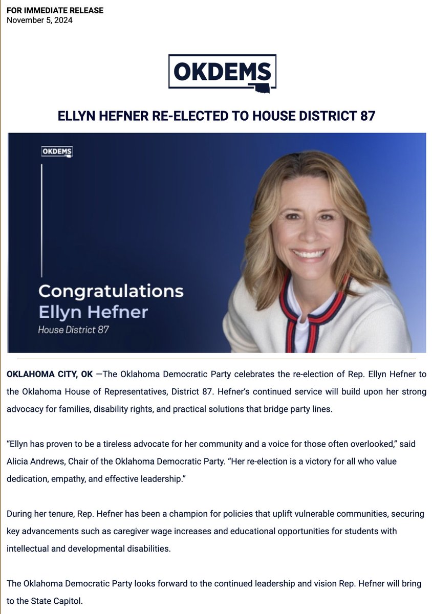 FOR IMMEDIATE RELEASE
November 5, 2024

ELLYN HEFNER RE-ELECTED TO HOUSE DISTRICT 87

OKLAHOMA CITY, OK —The Oklahoma Democratic Party celebrates the re-election of Rep. Ellyn Hefner to the Oklahoma House of Representatives, District 87. Hefner’s continued service will build upon