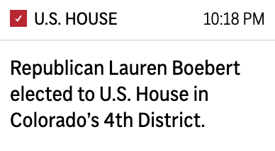 ArtCandee's tweet photo. Colorado District 4 is embarrassing.

Lauren Boebert hung on to her seat. https://t.co/1ZjSmO9VhF