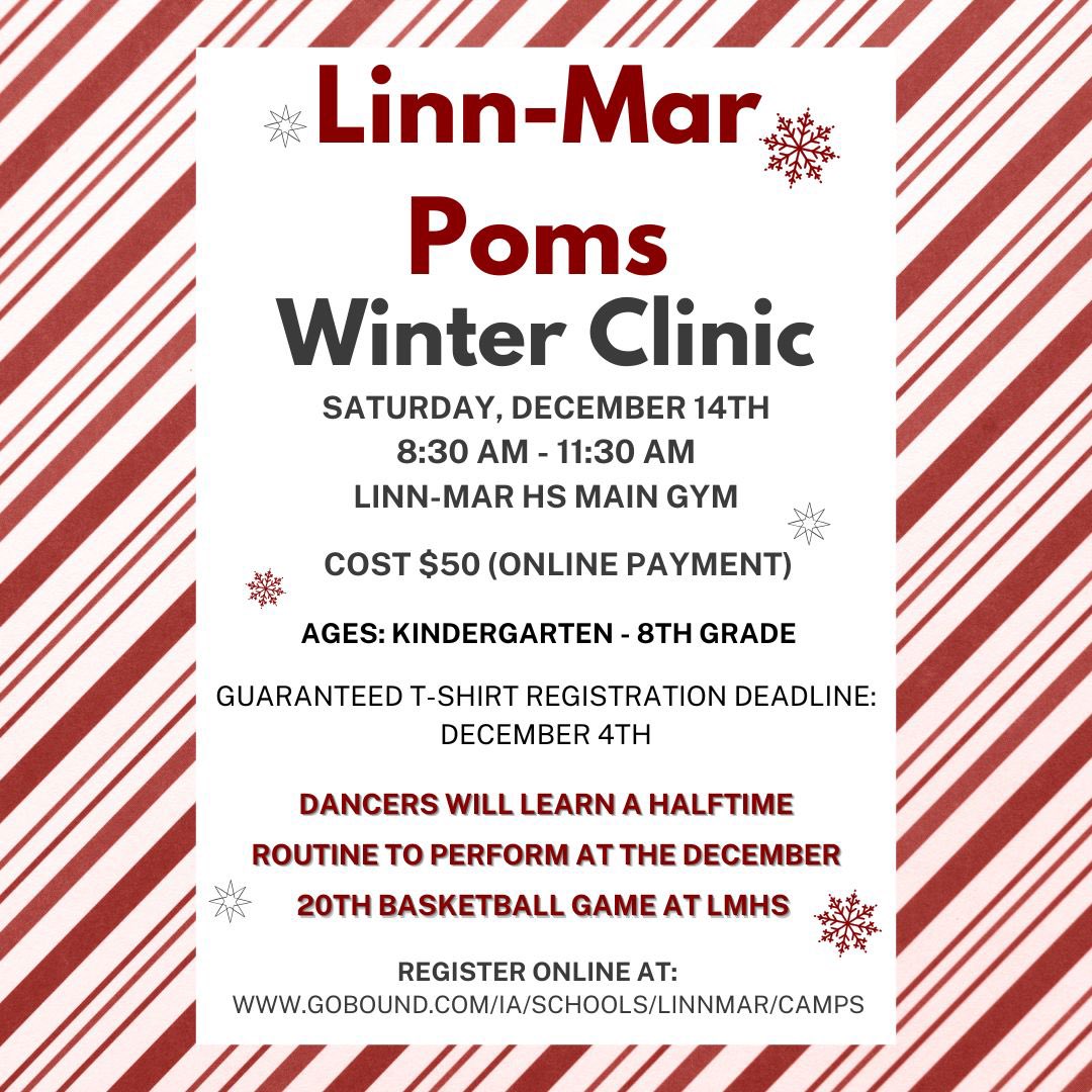 Registration is open for our WINTER clinic! Perform at a Linn-Mar Varsity Basketball halftime performance❤️❤️❤️ register soon! gobound.com/IA/SCHOOLS/LIN…
