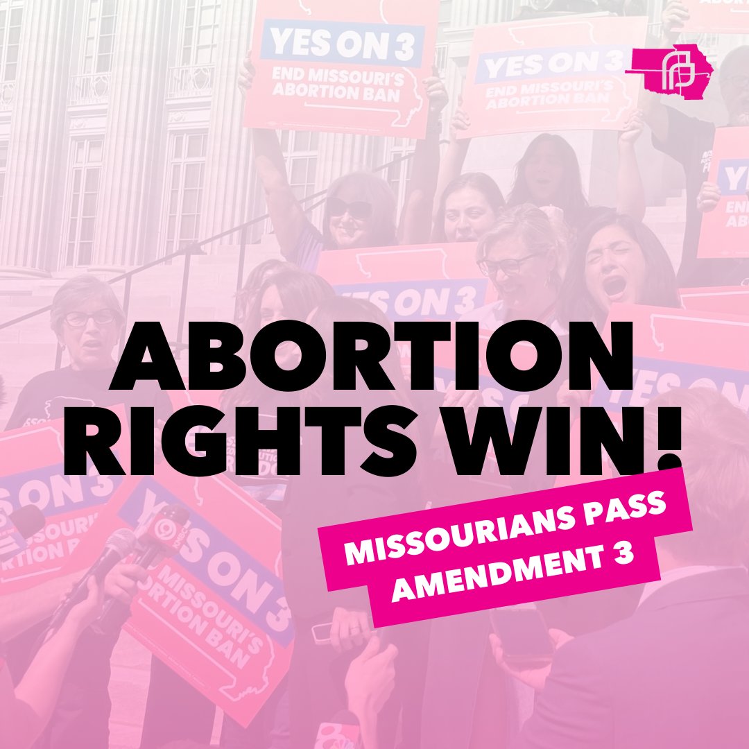 🎉VICTORY 🎉 Missouri voted for reproductive freedom! Thanks to YOUR work, abortion rights are now protected in the MO Constitution, ending the total ban. We're one step closer to giving Missourians access to abortion in their home state.