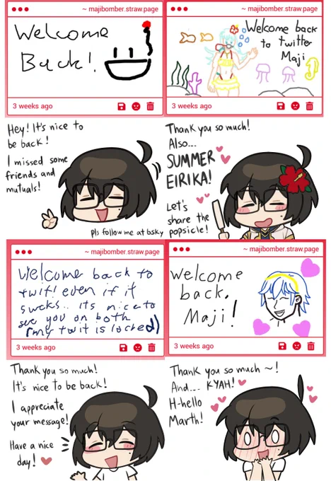 Posting here some replies about my comeback to Twitter!
Thank you everyone who stopped by and sent a message on my Strawpage! 🥲💖
idk if the people who sent me these messages will see this but once again thank you sososo much!✨🙏 