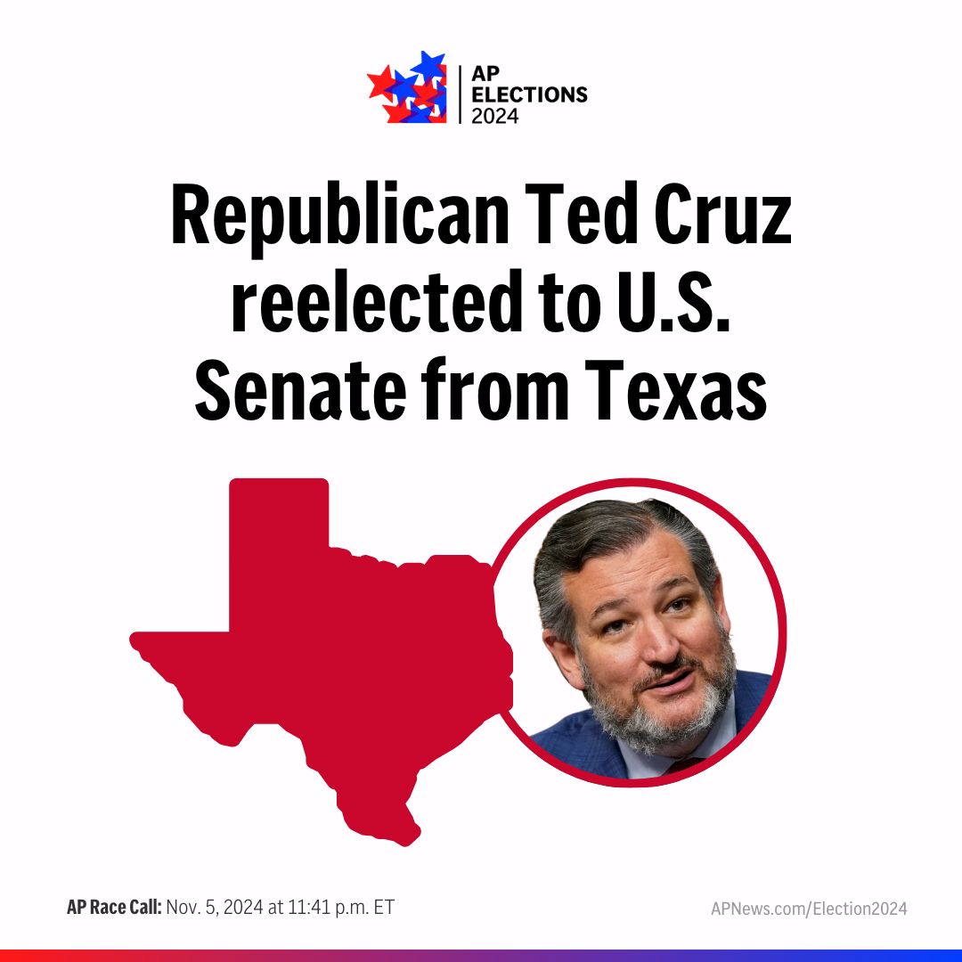 AP's tweet photo. AP Race Call: Republican incumbent Ted Cruz defeats Democrat Colin Allred in Texas Senate race. https://t.co/rmAzSzr2ud https://t.co/StsJlxqBMj