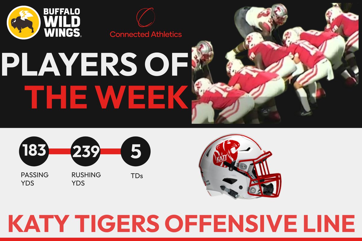 Anthony Williams (@awilliamsusa) on Twitter photo Players of the Week: <a href="/Katyfootball/">Katy Football</a> Offensive Line!
We’re proud to spotlight the incredible Katy Tigers Offensive Line as our <a href="/BWWings/">Buffalo Wild Wings</a> Players of the Week!
With a remarkable performance, contributing to 183 passing yards, 239 rushing yards, and five touchdowns, these athletes Players of the Week: <a href="/Katyfootball/">Katy Football</a> Offensive Line!
We’re proud to spotlight the incredible Katy Tigers Offensive Line as our <a href="/BWWings/">Buffalo Wild Wings</a> Players of the Week!
With a remarkable performance, contributing to 183 passing yards, 239 rushing yards, and five touchdowns, these athletes