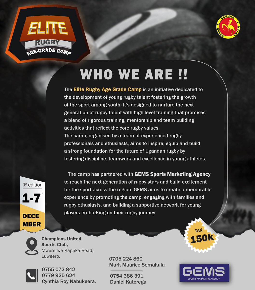 The “WHAT” and “WHO” we really are is here. Lets narture them for the future of the the sport you and i love.

📲 0755072842/0779925624 to book a slot🙏
#EliteAgeGradeCamp
 #UgandaRugby