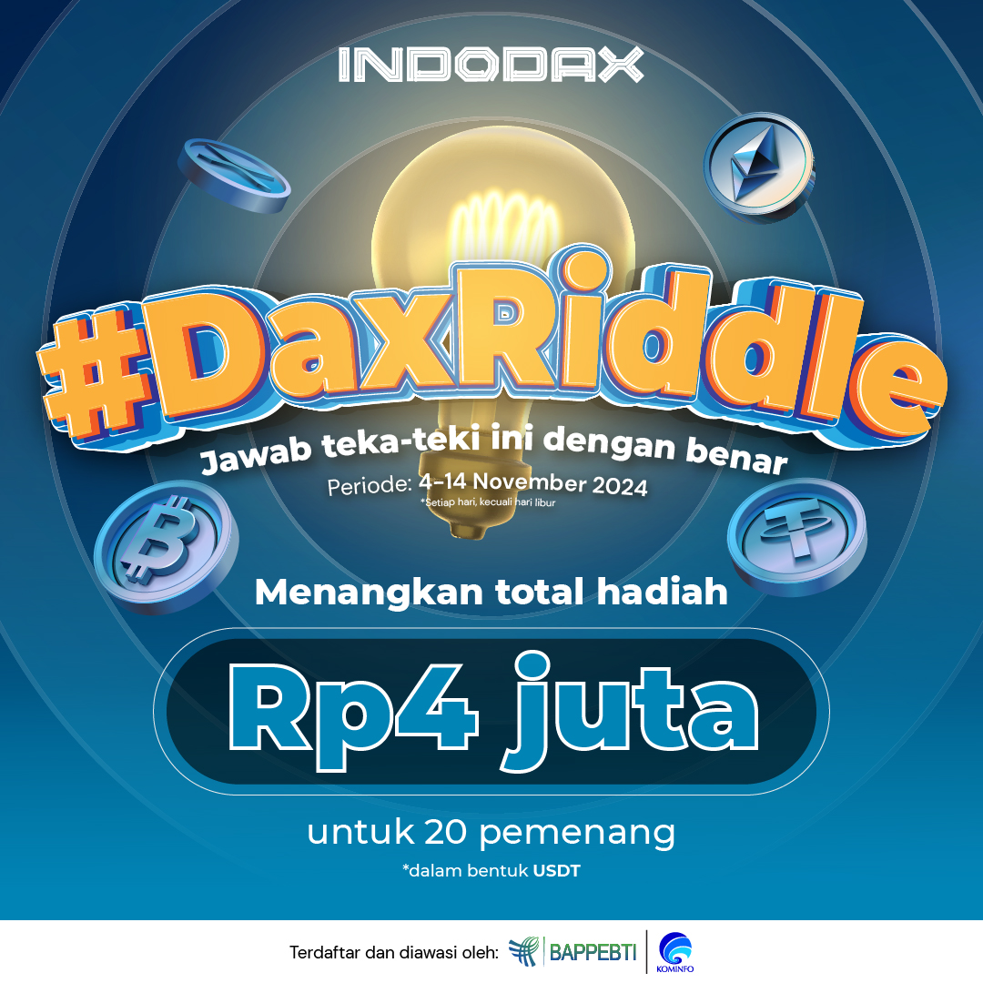 indodax's tweet photo. Main tebak-tebakan lagi yuk! 

Ada hadiah total Rp4 juta buat 10 pemenang! 

Cuss swipe left buat ikutin syarat ketentuannya dan jawab slide 3 #DaxRiddle di Instagram atau Twitter INDODAX dengan benar ya 

Good luck! 😉

#INDODAX #AsetMasaDepan https://t.co/Bpe2WeL4ex