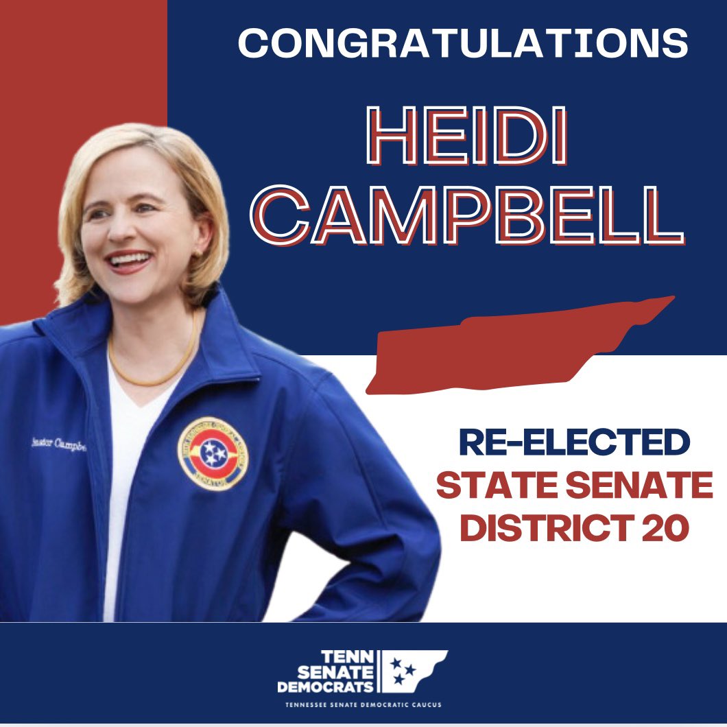 TNSenateDems's tweet photo. The people of Nashville-Davidson County have spoken and they are sending Sen. Heidi Campbell back to the Tennessee Senate! https://t.co/xDC0vfGCIa