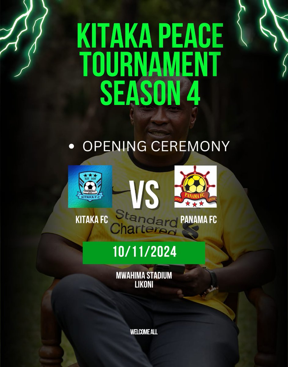 KitakaHon's tweet photo. KITAKA PEACE TOURNAMENT SEASON 4

I'm inviting you all for a Football  Peace Tournament Season 4 at Mwahima Stadium, Likoni ward, Likoni Constituency.
**Opening Ceremony**
**Kitaka Fc V/S Panama Fc**
Date-; This Sunday 10th(11) 2024.
#ChairmanKitaka
#TournamentSeason4 https://t.co/uFNcJasEif