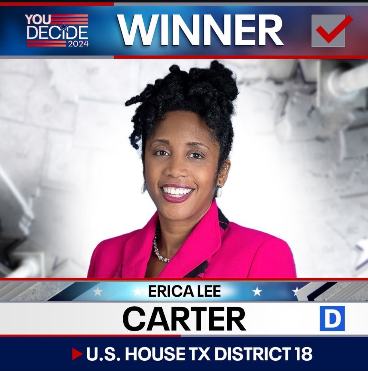 EricaSLeeCarter's tweet photo. I am humbled by the trust the voters of Texas' 18th Congressional District have placed in me to represent them in  Congress. I am deeply honored to follow in the footsteps of my mother, Sheila Jackson Lee, whose dedication to our community has shaped the path I now walk. https://t.co/KOq7kJVkVZ