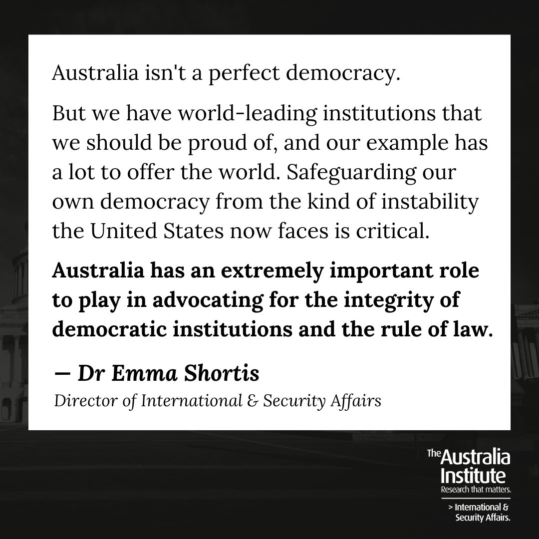 Australia Institute (@theausinstitute) on Twitter photo "Safeguarding our own democracy from the kind of instability the US faces is critical."
"Australia has an extremely important role to play in advocating for the integrity of democratic institutions and the rule of law," writes <a href="/EmmaShortis/">Emma Shortis</a>. "Safeguarding our own democracy from the kind of instability the US faces is critical."
"Australia has an extremely important role to play in advocating for the integrity of democratic institutions and the rule of law," writes <a href="/EmmaShortis/">Emma Shortis</a>.