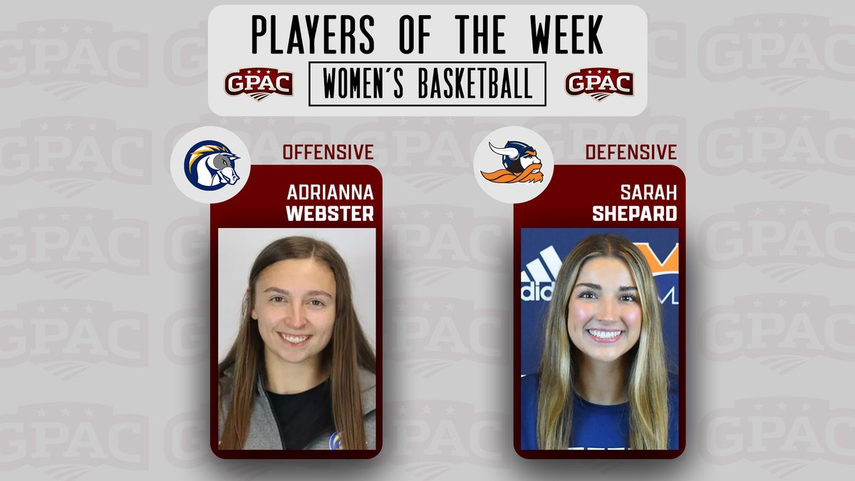 Great Plains Athletic Conference (@gpacsports) on Twitter photo WOMEN'S BASKETBALL: Week 1 Honors - (Offensive) Adrianna Webster of <a href="/bcuchargers/">Briar Cliff Athletics</a> and (Defensive) Sarah Shepard of <a href="/Midland_Sports/">Midland Warriors</a>.
Complete Release:
tinyurl.com/gpabwbb01 WOMEN'S BASKETBALL: Week 1 Honors - (Offensive) Adrianna Webster of <a href="/bcuchargers/">Briar Cliff Athletics</a> and (Defensive) Sarah Shepard of <a href="/Midland_Sports/">Midland Warriors</a>.
Complete Release:
tinyurl.com/gpabwbb01