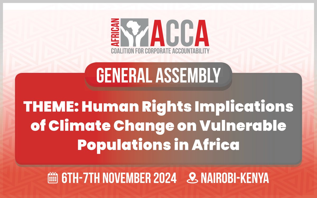 [Happening Today]

<a href="/AfricanACCA/">The ACCA</a> welcoms its members and partners to the 2024 General Assembly! 

Join us as we explore this year's critical theme: “Human Rights Implications of Climate Change on Vulnerable Populations in Africa”.

zoom.us/meeting/regist…