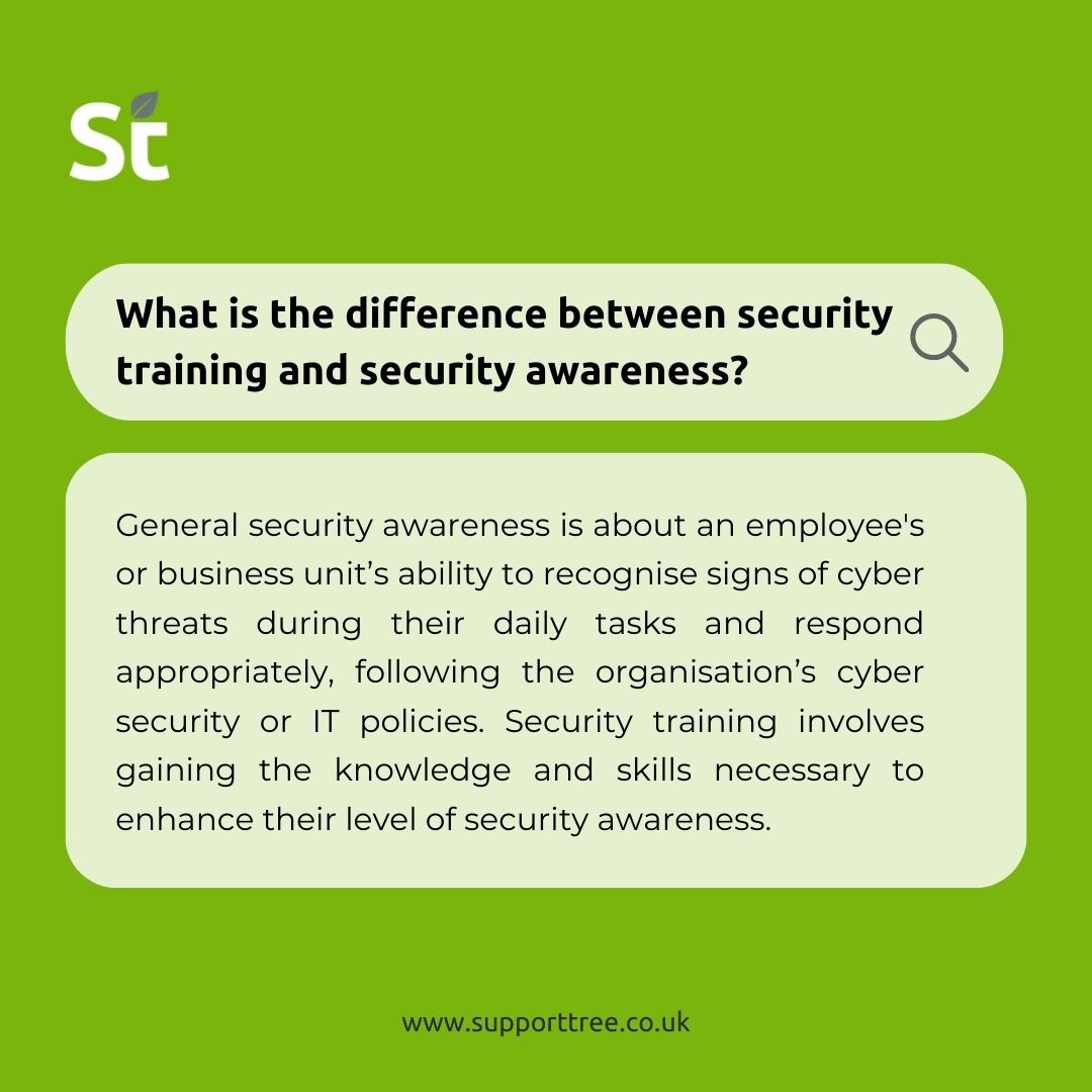 supporttree's tweet image. What is the difference between Security Training and Security Awareness? 🧐
▶️ General security awareness is about an employee's or business unit’s ability to recognise signs of cyber threats during their daily tasks and respond appropriately, following the organisation’s cyber…