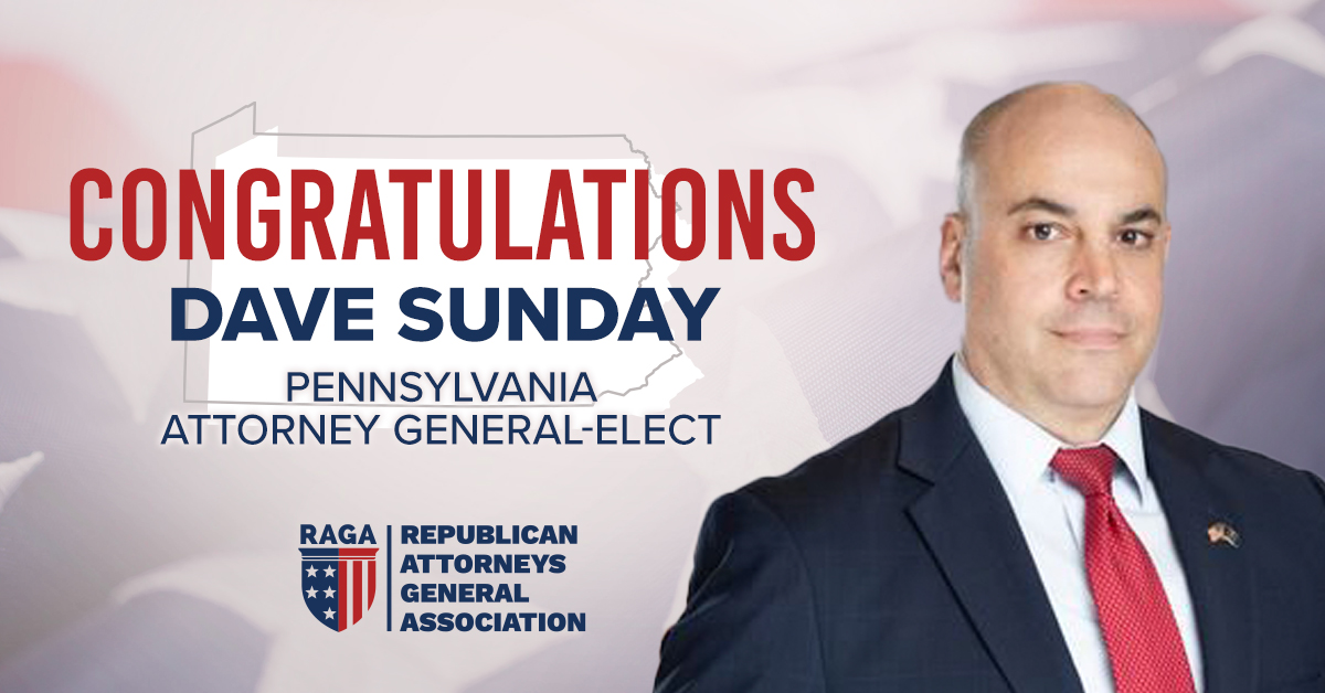 RAGA (@republicanags) on Twitter photo Congratulations to Pennsylvania's next Attorney General, <a href="/DaveSunday_/">Dave Sunday</a>! Sunday is the first Republican elected Pennsylvania AG since 2008. Congratulations to Pennsylvania's next Attorney General, <a href="/DaveSunday_/">Dave Sunday</a>! Sunday is the first Republican elected Pennsylvania AG since 2008.