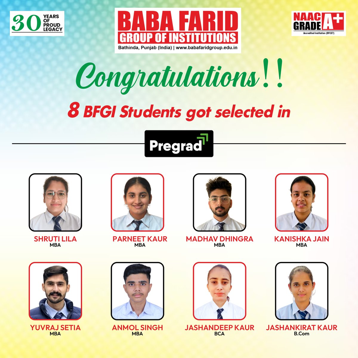 BabaFaridGroup's tweet photo. Proud moment for BFGI! 8 of our talented students have been selected by @Pregrad, a leading platform for internships and professional growth.
#BFGI #Pregrad #StudentSuccess #CareerGrowth #InternshipOpportunities #HigherEducation #FutureLeaders #MBA #BCA #BCom https://t.co/FdQSaQXsze