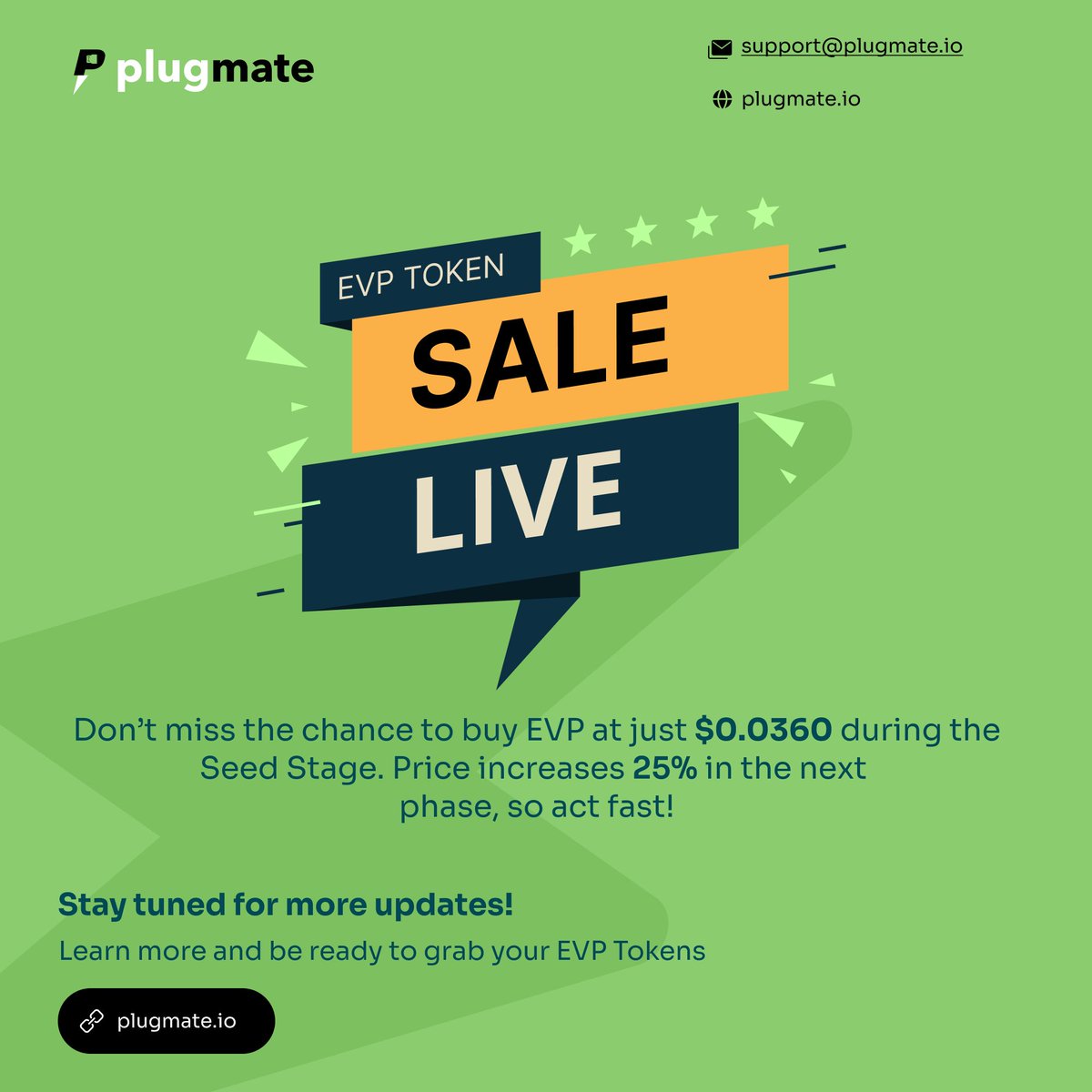 PlugMateEV's tweet photo. 💥 𝐓𝐡𝐞 𝐄𝐕𝐏 𝐓𝐨𝐤𝐞𝐧 𝐒𝐚𝐥𝐞 𝐢𝐬 𝐋𝐈𝐕𝐄!
💥 Don’t miss the chance to buy EVP at just $0.0360 during the Seed Stage. Price increases 25% in the next phase, so act fast! 🚀
🌐 𝐋𝐞𝐚𝐫𝐧 𝐦𝐨𝐫𝐞: https://t.co/FIEANErCJO
#EVPToken #Plugmate #EVChargingRevolution https://t.co/MwJLygtlgX