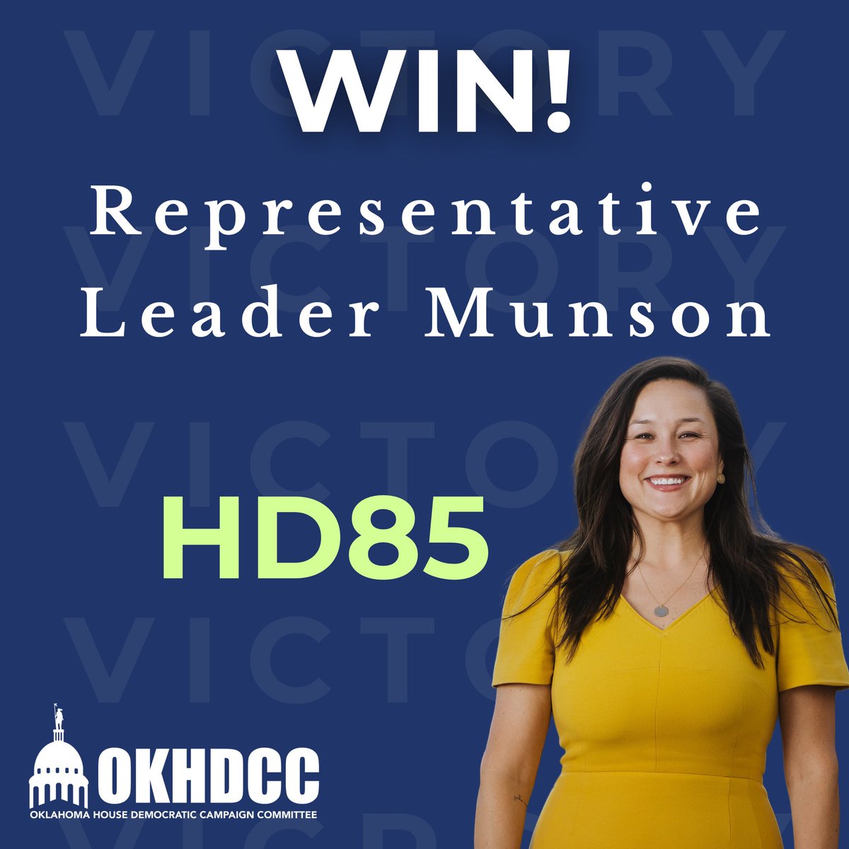 Congratulations to our House Dem. Leader, Rep. Cyndi Munson on winning her re-election! @CyndiMunson85 

She will continue to be a strong voice for ALL Oklahomans, pushing back on extremism and bringing common sense to the State House. Her hard work paid off, and we are so proud!