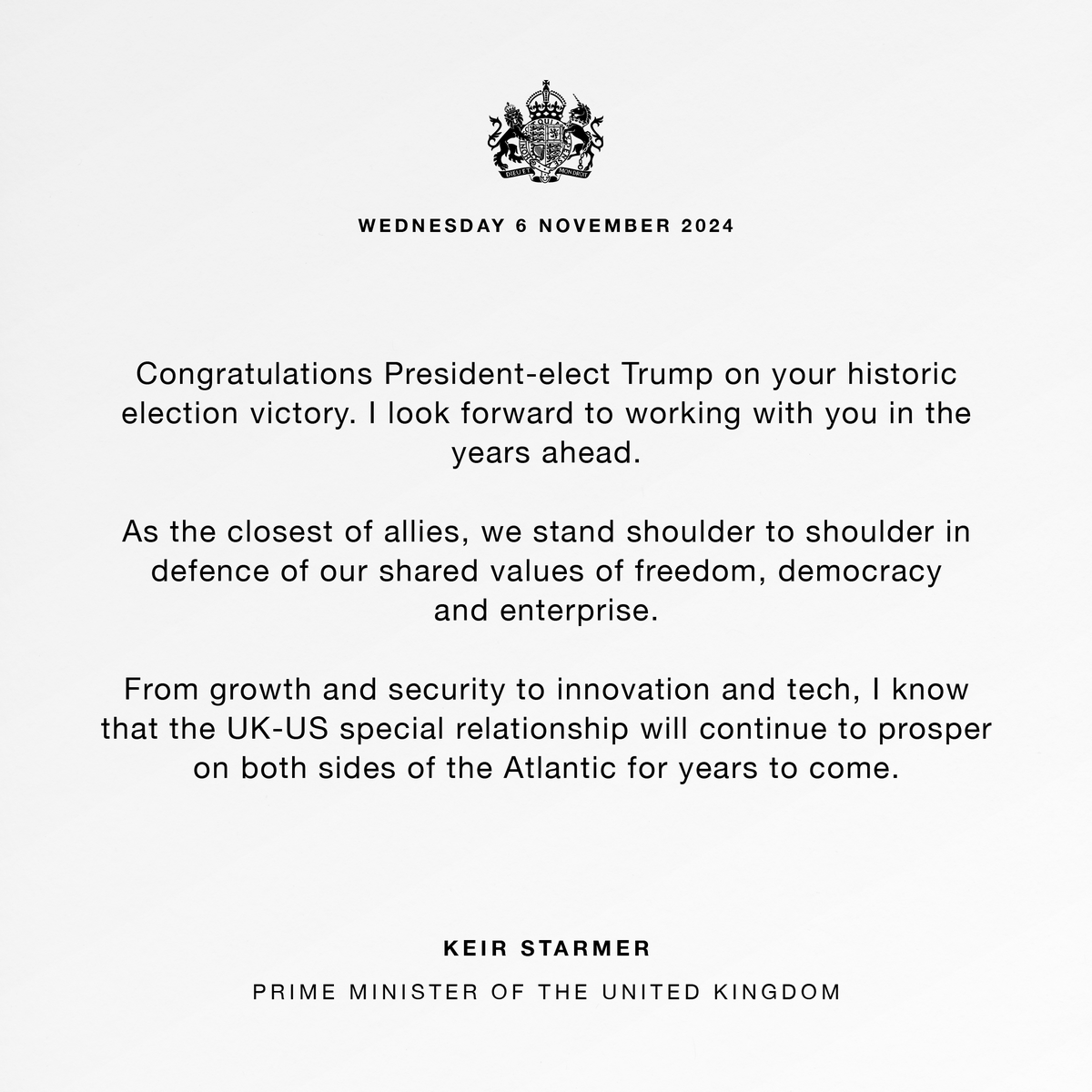 Keir Starmer (@keir_starmer) on Twitter photo Congratulations President-elect <a href="/realDonaldTrump/">Donald J. Trump</a> on your historic election victory.
I look forward to working with you in the years ahead. Congratulations President-elect <a href="/realDonaldTrump/">Donald J. Trump</a> on your historic election victory.
I look forward to working with you in the years ahead.