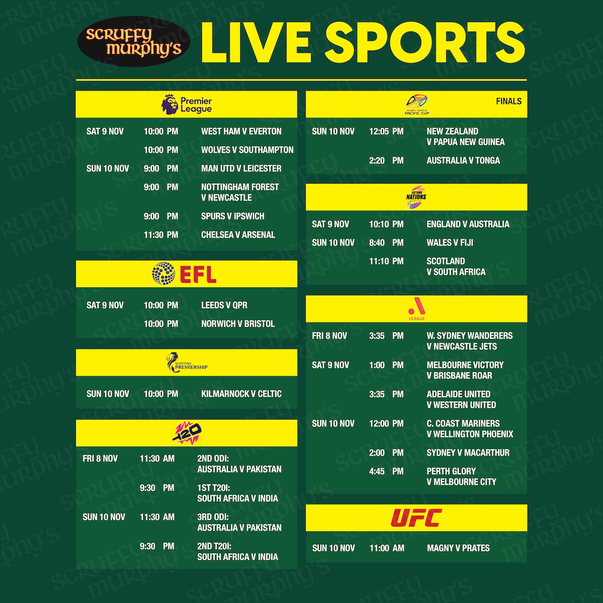 Live sports schedule this week
Happy Hour 🕒 3PM-7PM 🕙 11PM-CLOSE
