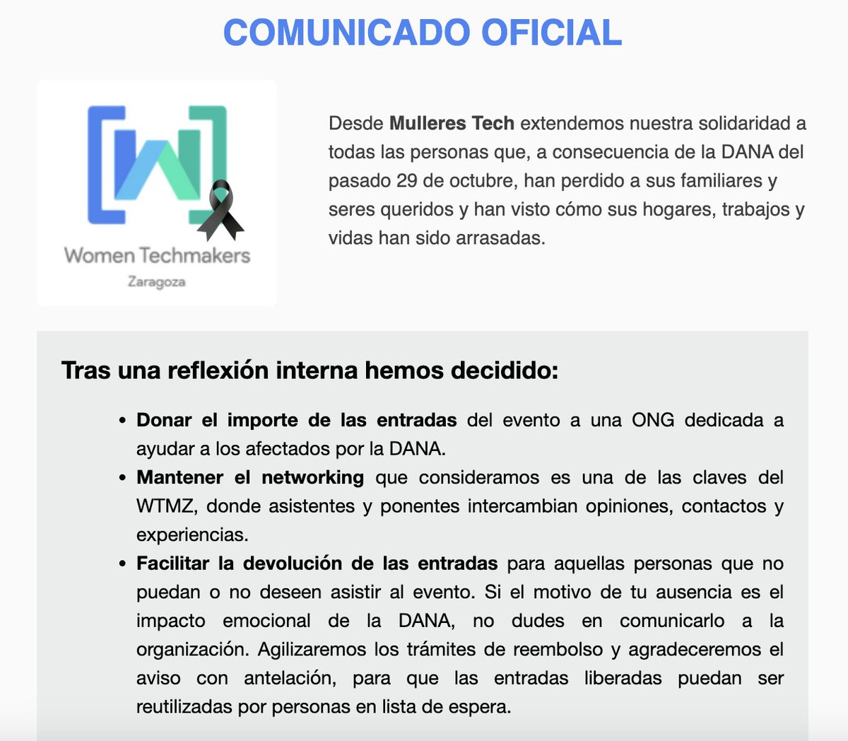 LauraLacarra's tweet photo. 💜 Women Techmakers Zaragoza va a donar el importe de las entradas íntegro a los afectados de la DANA. 

✊Había que hacerlo y se ha hecho. Ojalá más eventos se uniesen a la marea de solidaridad. 
#wtmz24 @WomenTechmakers #JuntosPodemosMás https://t.co/zzElbbN0ji