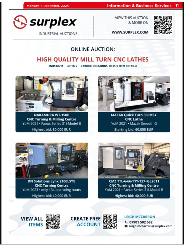 IEMsales's tweet image. ENDING TODAY !

SURPLEX INDUSTRIAL AUCTION

ONLINE AUCTION - HIGH QUALITY MILL CNC LATHES

BID NOW ON THIS AND ALL AUCTIONS lnkd.in/eZzpsrXb

Surplex Leigh McCarron Ben Heikoop IEM Media

#cnc

#lathes

#machinery

#manufacturing

#auction

#turning

#milling