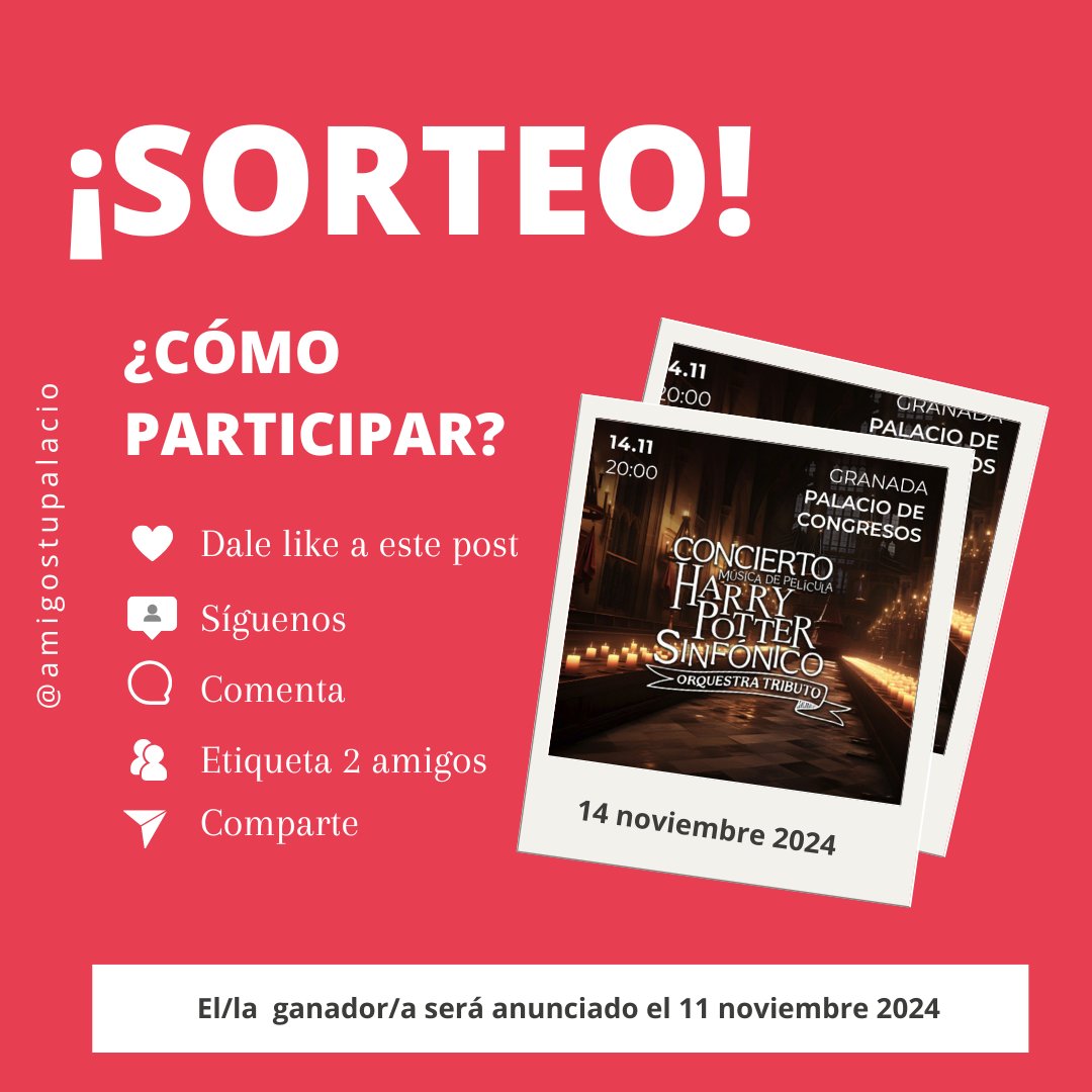 📣 #SORTEO 
La magia de Harry Potter en #Granada con una orquesta sinfónica

👉 BASES bit.ly/4e3sYbc

✅SEGUIR  a #AmigosdeTuPalacio
✅ME GUSTA
✅RT y COMENTA 1 beneficio
✅MENCIONA a 2 amigos

Participa hasta 10/11
👉❗ Comunicado 11/11 por DM Activa notificaciones❗