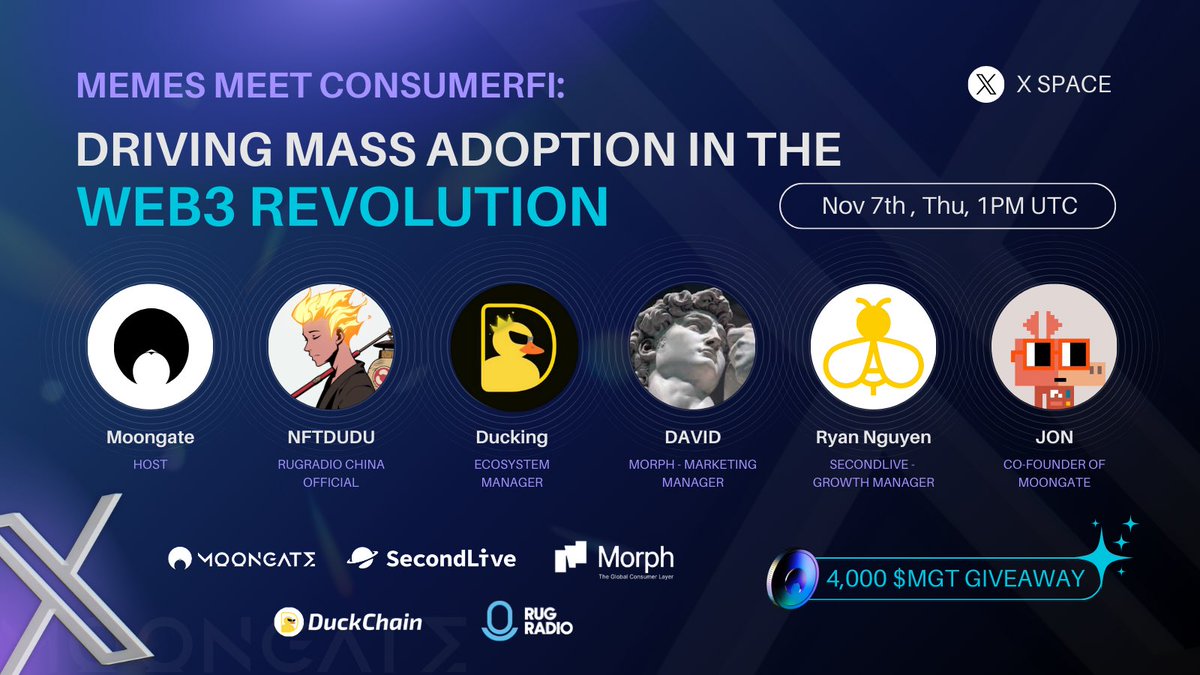 Join our X Space for a chance to win 4,000 $MGT!🔥

Tomorrow we’re hosting our first X space along with <a href="/Duck_Chain/">DuckChain</a>, <a href="/MorphL2/">Morph 🐨 (backup)</a>, <a href="/SecondLiveReal/">SecondLive</a>, <a href="/JanitorJon/">Jon</a> and @NFT_DUDU as cohost

We’re talking memes, consumerFi, and the future of Web3.

📅 November 6, 2024 @ 1PM (UTC)

🎁 500