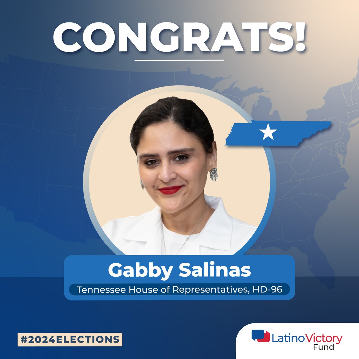 Latino Victory (@latinovictoryus) on Twitter photo Congratulations to <a href="/gabbysalinas/">Rep Gabby Salinas</a> on her historic win as the first Latina and LGBTQ woman elected to Tennessee House, HD-96! Her victory is a landmark moment for Tennessee. Congratulations to <a href="/gabbysalinas/">Rep Gabby Salinas</a> on her historic win as the first Latina and LGBTQ woman elected to Tennessee House, HD-96! Her victory is a landmark moment for Tennessee.