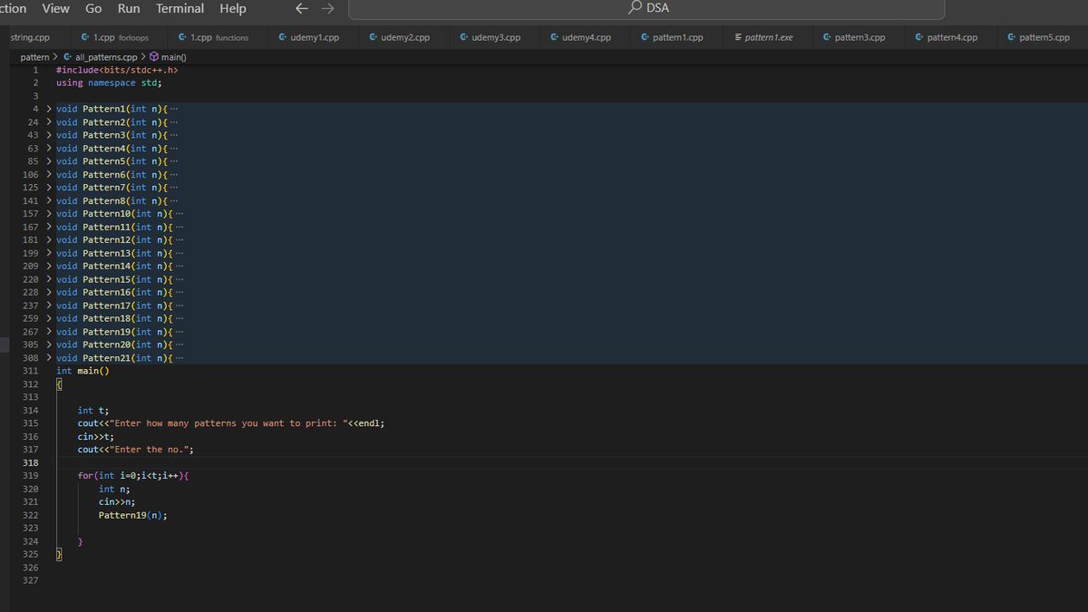 harshspeaks04's tweet photo. Just leveled up my logical skills by mastering all pattern problems in C++ from #StriversA2ZDSA course! 💻✨ From stars to pyramids, every shape checked off! Ready for more #DSA adventures! 🚀 #CodingJourney #LogicalThinking #CodePatterns #StriverPatterns #cpp https://t.co/MabgCRGjzM