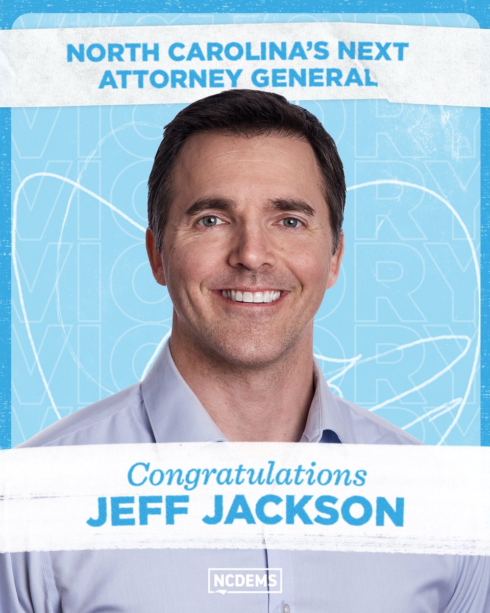 NCDemParty's tweet photo. NC chose Jeff Jackson to be the people’s defender—rejecting hate, reaffirming our commitment to democracy, and standing up to big corporations who hurt the people of our state.

We’re proud to continue an NC tradition: Jeff Jackson is your next Democratic Attorney General! https://t.co/El7lNW9UIb