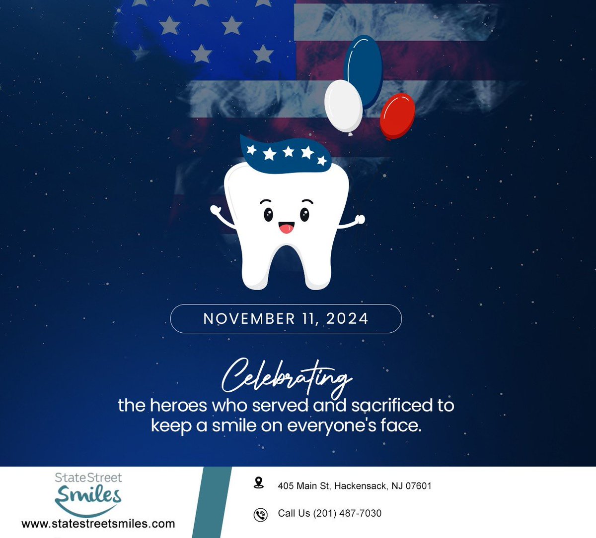 SSSmilesNJ's tweet photo. This Veterans Day, we honor and celebrate the heroes who served and sacrificed for our nation. Thank you for your bravery and resilience. #veteransday #StateStreetSmiles #Hackensack #NJ https://t.co/gvaexMwPaj