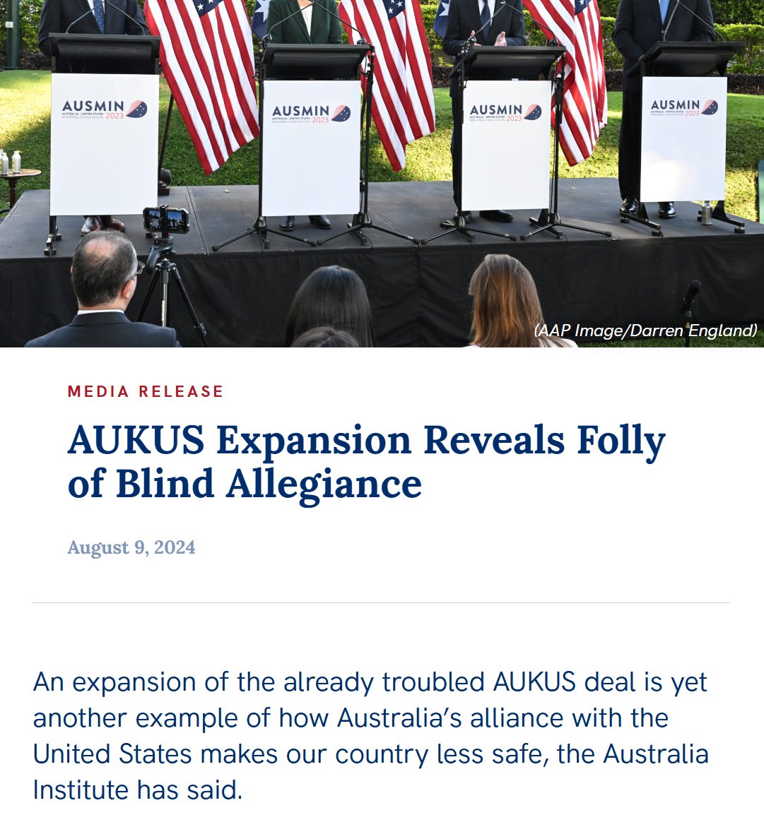 TheAusInstitute's tweet photo. So...how about that AUKUS deal? 

Former PMs have slammed the deal as disastrous for Australia’s long-term interests, it is clear that Australia should end its conciliatory deference to the USA &amp; instead begin advocating in our own national interest. https://t.co/61aL9gSsl2