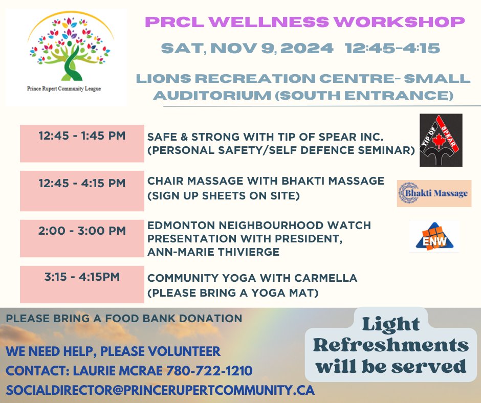 Come join us for a #WellnessWorkshop free for all #PRCL members on Sat, Nov 9 from 12:45-4:15 at the Lions Recreation Centre (small Auditorium-South entrance). This will be a free event with qualified instructors! Please consider volunteering and bring a #foodbank donation. #yeg