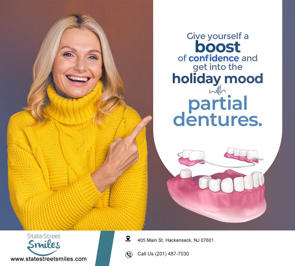 SSSmilesNJ's tweet photo. Need help getting into the holiday mood? Partial #dentures are a great option for replacing one or more missing teeth. Schedule a visit at https://t.co/6p7WpzYjOF and prepare to show off your best smile this holiday season. #StateStreetSmiles #Hackensack #NJ https://t.co/ZyrHpj0xs8