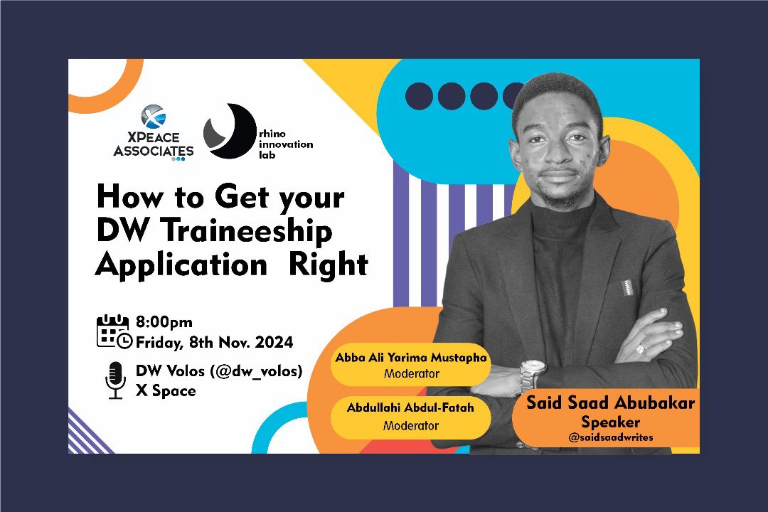 Abba Ali Yarima Mustapha (@abbaaliyarima1) on Twitter photo Are you interested in becoming an international journalist? Join us on Friday, 8th for an informative session on successfully navigating the DW Traineeship application process, featuring experiences and guidance from renowned journalist <a href="/saidsaadwrites/">Sa'id Sa'ad</a> (Your Fav DW guy 😉). Are you interested in becoming an international journalist? Join us on Friday, 8th for an informative session on successfully navigating the DW Traineeship application process, featuring experiences and guidance from renowned journalist <a href="/saidsaadwrites/">Sa'id Sa'ad</a> (Your Fav DW guy 😉).
