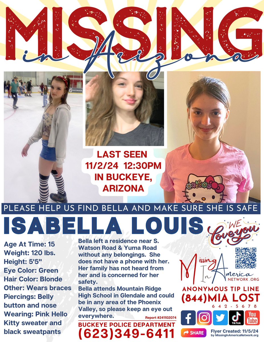 missingNamerica's tweet photo. Isabella Louis (15) MISSING from Buckeye, Arizona since 11/2/24 https://t.co/2wn4PLFWC7