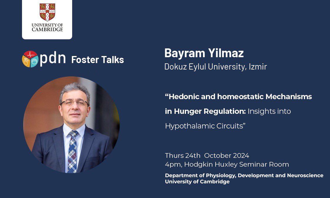 Cambridge Üniversitesi Tıp Fakültesi'nde Dr. Susan Jones'un doktora öğrencisi Yuxiang Zhang'ın tez sınav jürisinde external examiner olarak görev yaptıktan sonra Cambridge Univ PDN Foster Talks’ta "Hedonic and Homeostatic Mechanisms in Regulation of Food Intake" başlıklı bir