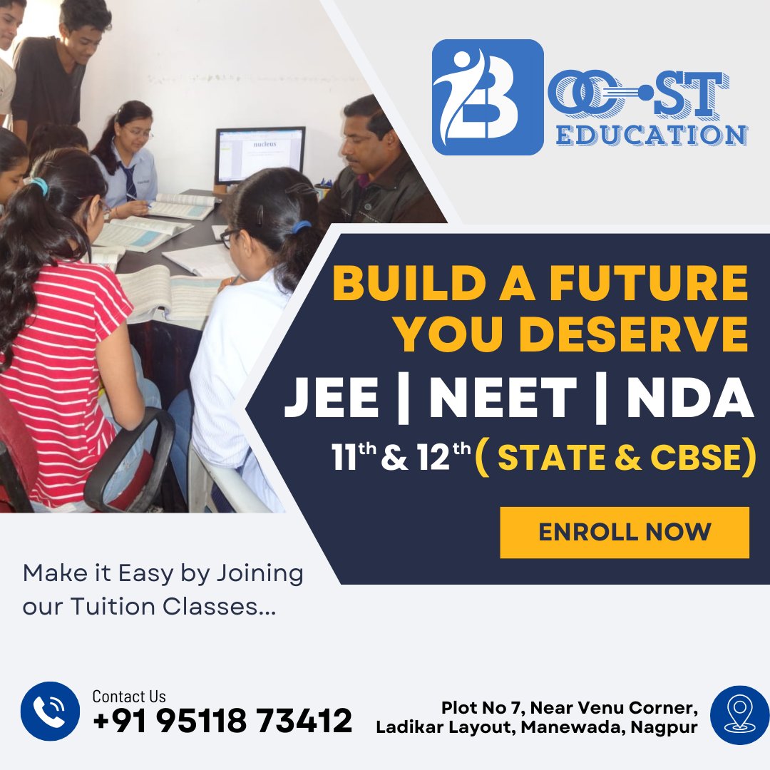 BoostNagpur's tweet image. Unlock your full potential with Boost Education! 🚀 Whether you're preparing for JEE, NEET, or NDA, we provide expert guidance for 11th &amp;amp; 12th (STATE &amp;amp; CBSE) students.
📞 +91 95118 73412
📌 Plot No 7, Near Venu Corner, Ladikar Layout, Manewada, Nagpur
#JEEPrep #NEETPrep #NDAPrep