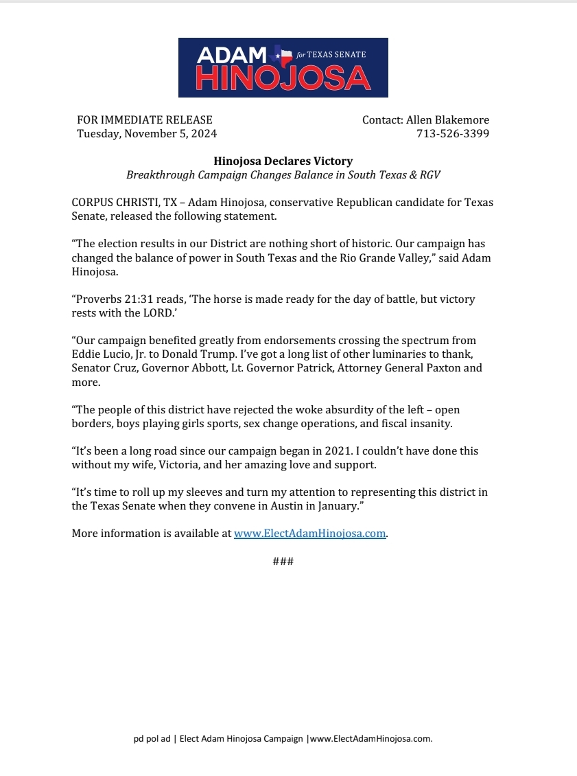 ElectAHinojosa's tweet photo. I want to thank the people of our district for the opportunity to represent them in the Texas Senate. The election results in our district are nothing short of historic. Our campaign has changed the balance of power in South Texas and the Rio Grande Valley. It’s time to roll up my sleeves and turn my attention to representing this district in the Texas Senate when they convene in Austin in January.”