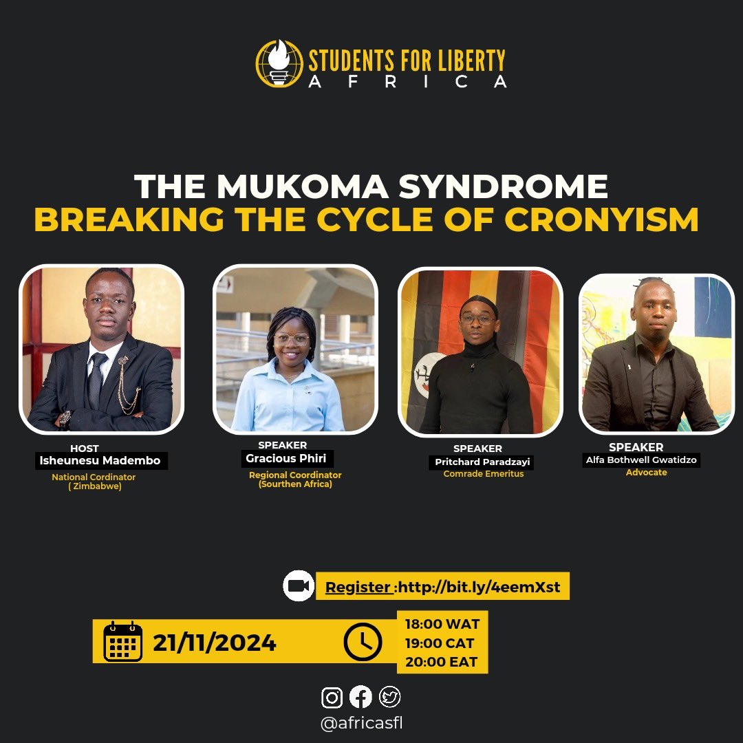 _command_7's tweet photo. The Mukoma Syndrome - Breaking Zimbabwe's Chain of Cronyism!Ready to challenge the "it's who you know" system? Join us Nov 21st. Let's create merit-based leadership paths! 

Register here;
https://t.co/4Gz0TGzvLX

#MukomaSyndrome #ZimYouth https://t.co/IURkUBowtH