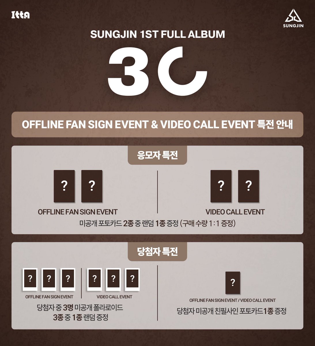 fan_ITTA's tweet photo. [ITTA] 성진(SUNGJIN) 1st Full Album＜30＞발매기념 EVENT 안내

✅이벤트 일시: 2024년 11월 24일 (일) 17:00 ~ (KST)
🗓️응모 기간: 11월 6일(수) ~ 11월 8일 (금) 23:59 (KST)

❤️응모자 전원 미공개 포토카드 2종 중 랜덤 1종 증정 (대면/영통)

🔗: https://t.co/skl5Z1Jirs

#DAY6 #데이식스
#성진 #SUNGJIN
#성진_30
#Check_Pattern