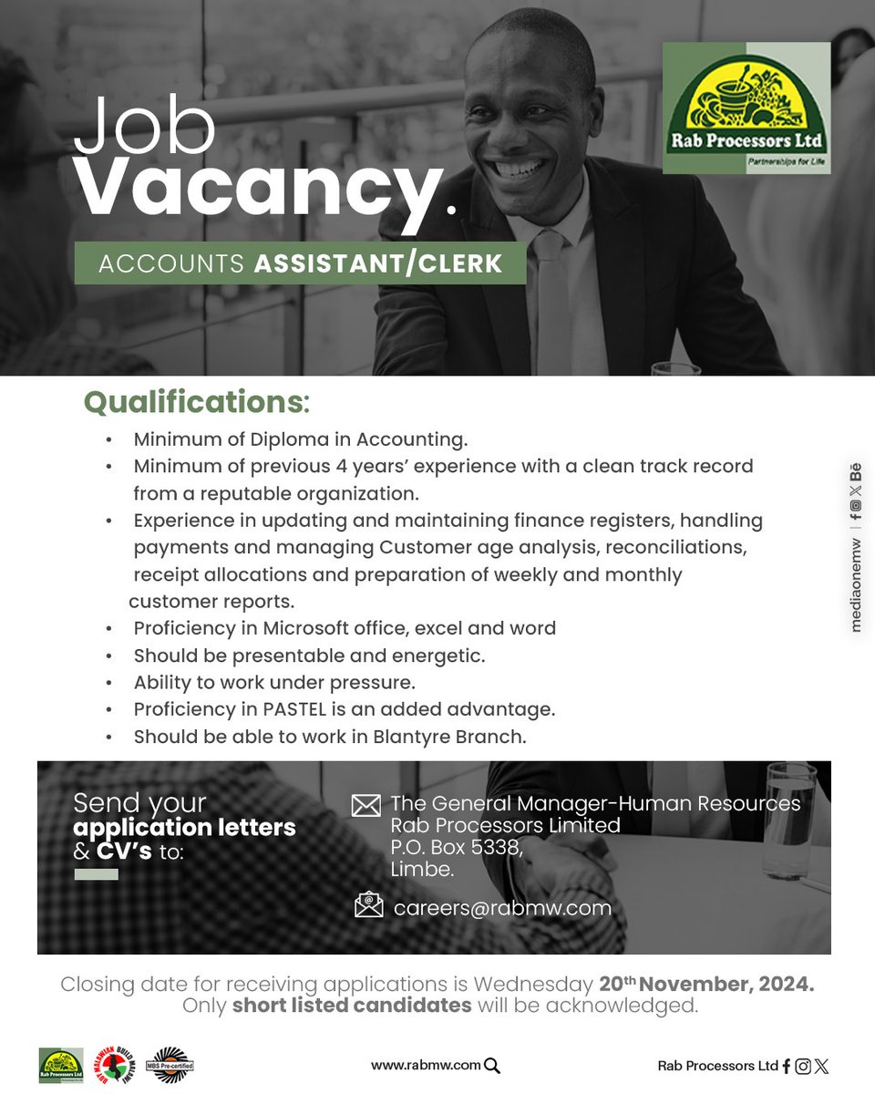 LtdRab's tweet photo. We’re Hiring! Join our team as an Accounts Assistant. If you’re detail-oriented with a passion for numbers, this could be your next big opportunity!
Deadline: November 20th
#JobOpportunity #JoinOurTeam #HiringNow #AccountsAssistant #mediaonemw #rabprocessors #malawi #Malawi https://t.co/3Z5FfJNFiY