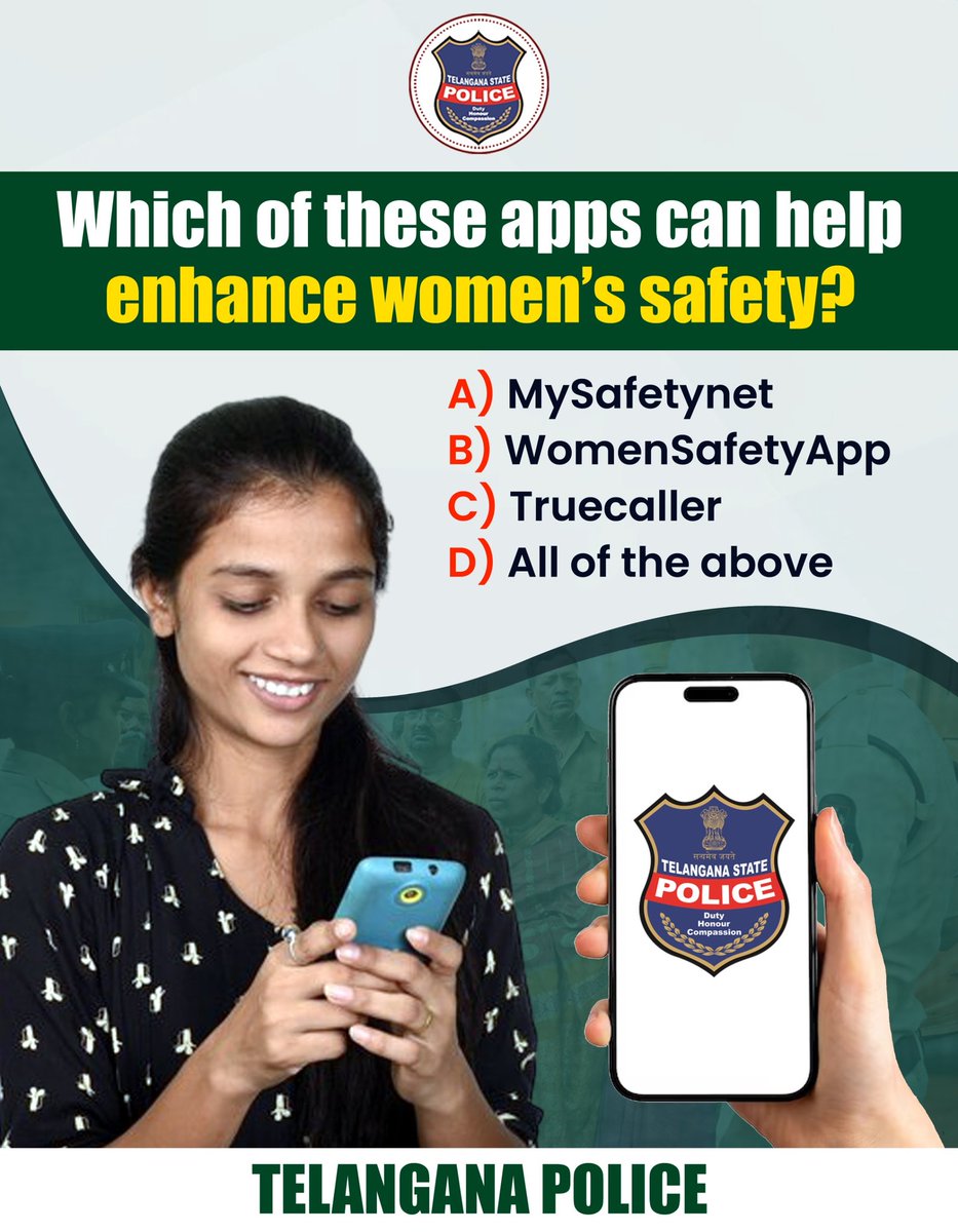 TelanganaCOPs's tweet photo. Do you know which apps can enhance your safety in times of need? Test your knowledge and be prepared! #StayProtected

#WomenSafetyApps #EmpowerWomen #telanganapolice https://t.co/hkP1qqf5CG