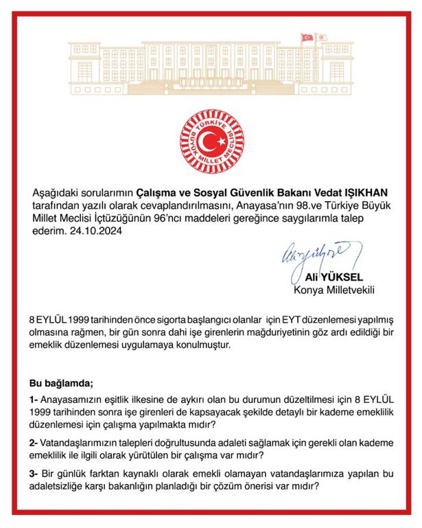 yalcineldogan's tweet photo. EYT sonrası (1999 sonrası İşe giren) Vatandaşlarımız için Kademeli Emeklilik’te adaletin sağlanmasına ilişkin yazılı soru önergesi Konya Milletvekilimiz Sn. Ali Yüksel tarafından TBMM Başkanlığı’na sunuldu.

@erbakanfatih 
@prof_aydal 
@mvaliyuksel42 

#KademeLütufDeğilHaktır https://t.co/6dz6ElCxCa
