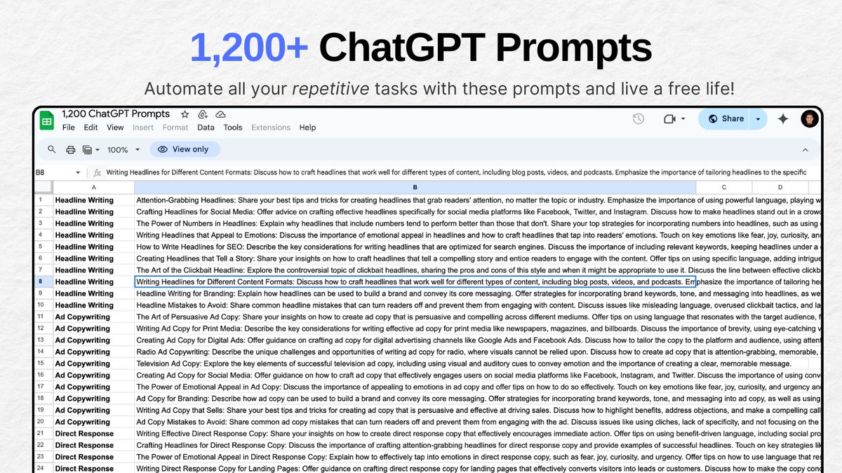 ChatGPT is the most powerful AI tool.

But most people don't know how to use it.

That's why I'm giving away 1,200 premium prompts list to help you level up.

It's free for 24 hours.

Like + comment "Send" and I'll DM you the file.

(Must be following me to receive it)
